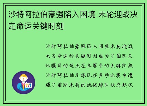 沙特阿拉伯豪强陷入困境 末轮迎战决定命运关键时刻