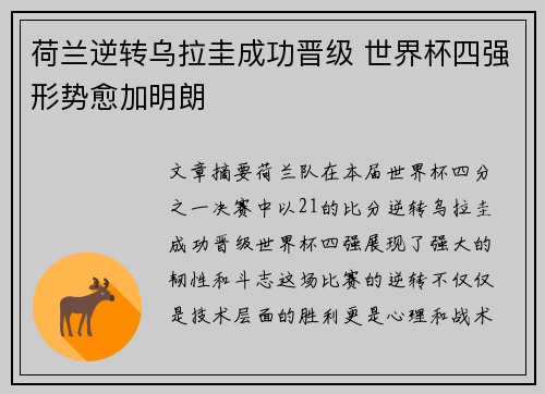 荷兰逆转乌拉圭成功晋级 世界杯四强形势愈加明朗