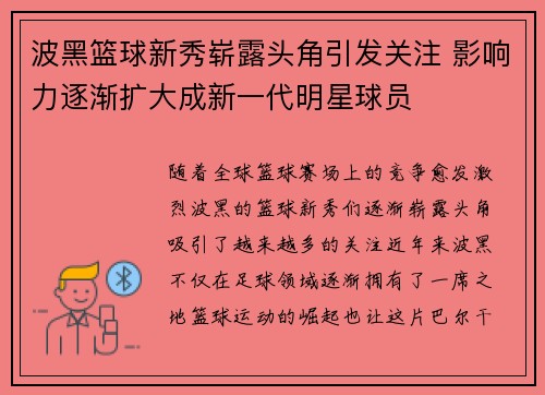 波黑篮球新秀崭露头角引发关注 影响力逐渐扩大成新一代明星球员