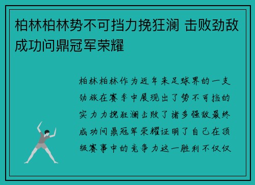 柏林柏林势不可挡力挽狂澜 击败劲敌成功问鼎冠军荣耀