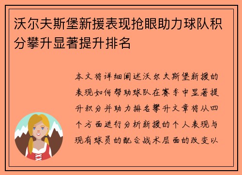 沃尔夫斯堡新援表现抢眼助力球队积分攀升显著提升排名