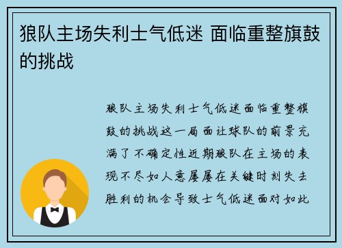 狼队主场失利士气低迷 面临重整旗鼓的挑战